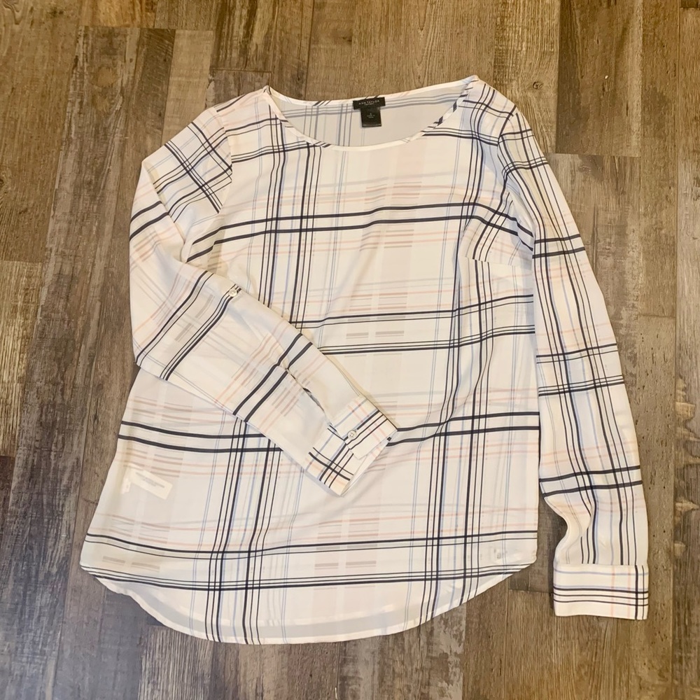 Ann Taylor Long Sleeve Sheer Plaid Blouse Work Cream Black Pink Business Casual